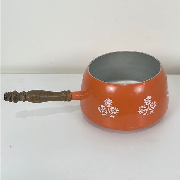 MCM Japanese Orange Floral Fondue Pot Wooden Handle VTG - Picture 1 of 8